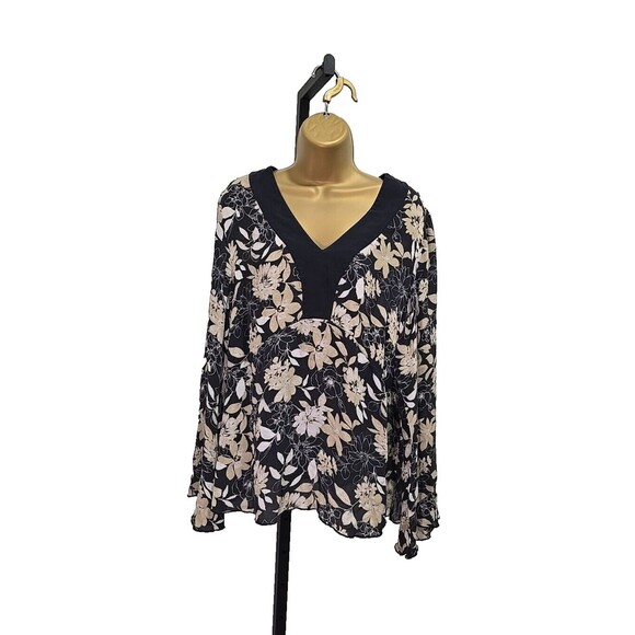 Lane Bryant Dark Floral Silk Top Flare Babydoll Womens 14 16 Black Tan Office - Picture 7 of 7